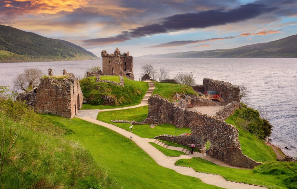 Sunset over the ruins of Castle Urquhart by Loch Lomond.